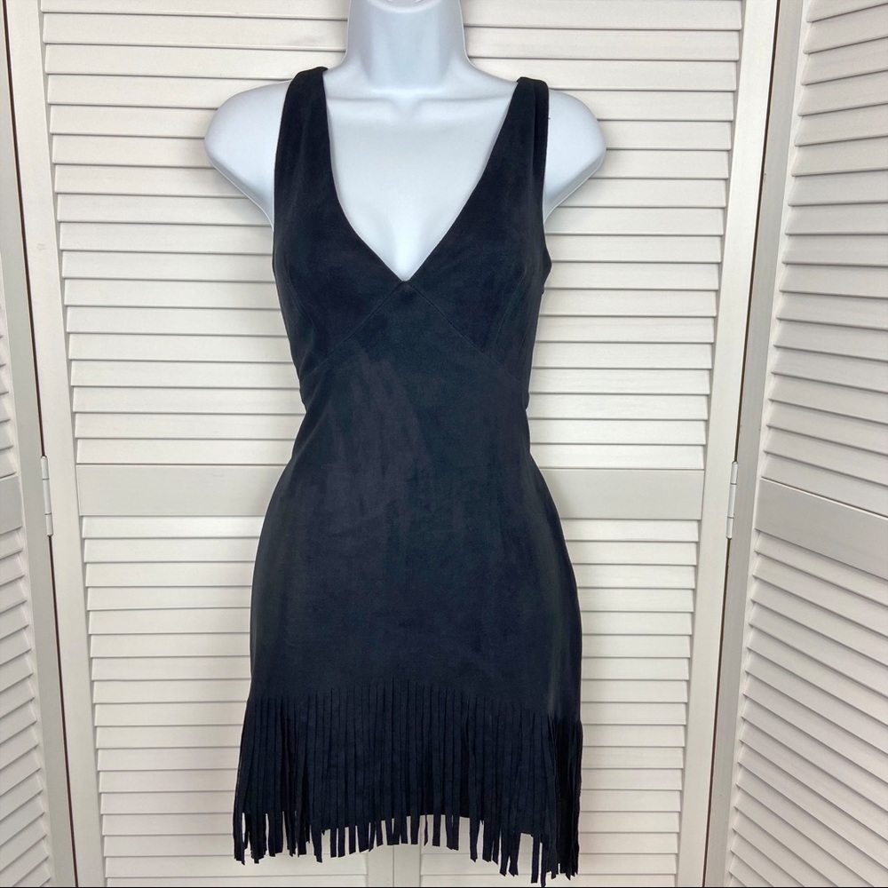 INA Faux Suede Black Fringe Dress Size Small